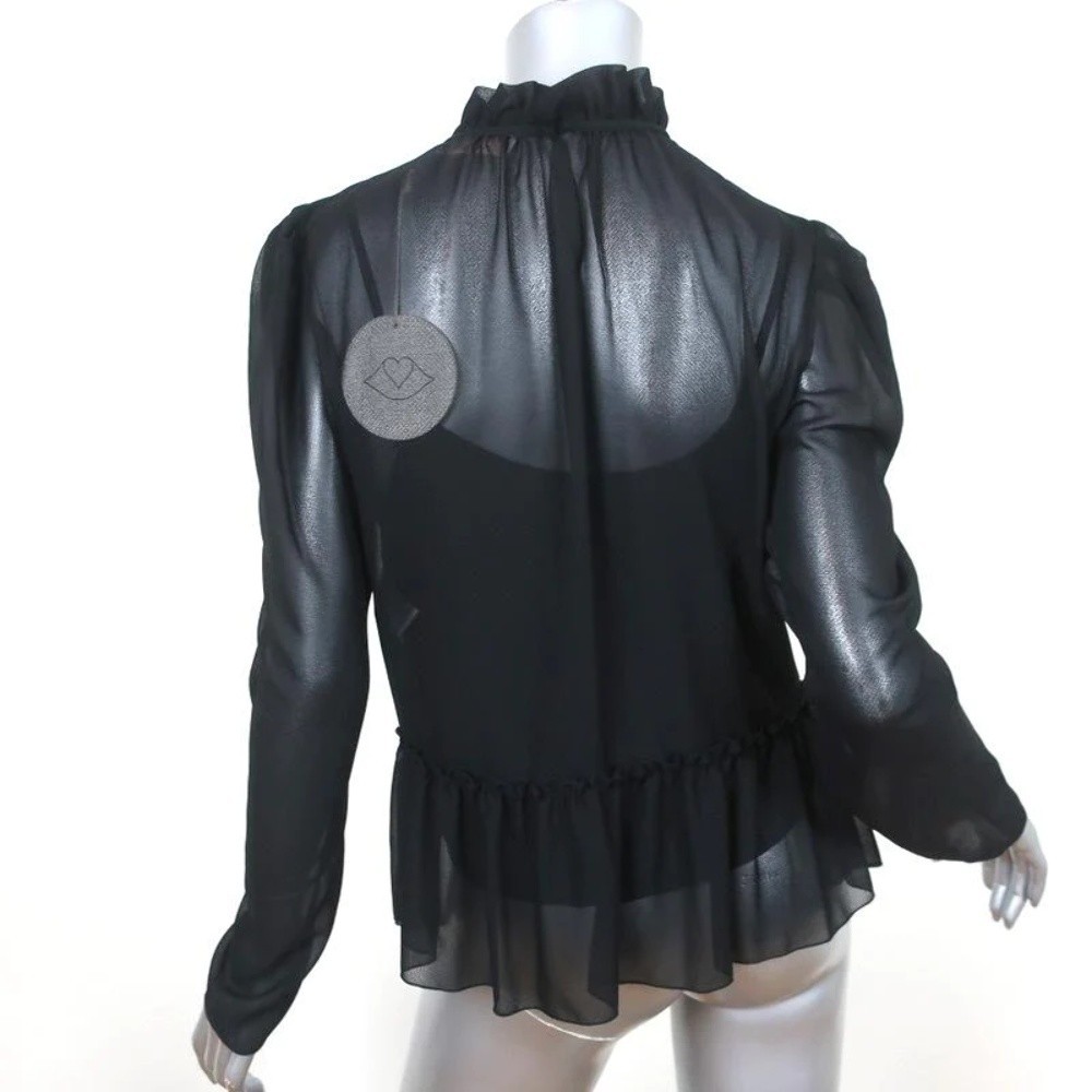 See by Chloe Ruffled High Neck Blouse Black Chiffon Size 38 Long Sleeve Top NEW - Picture 4 of 7